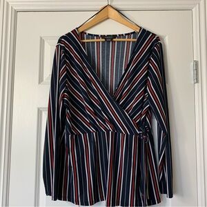 Michel Studio Wrap  Navy White  and Red Striped Long Sleeve Blouse Size 2X
